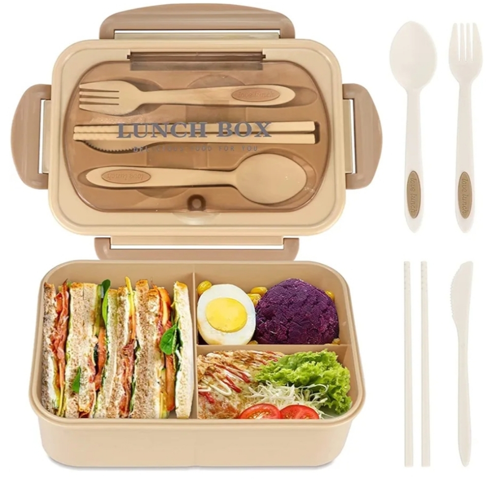 Beige Lunch Box with Utensils